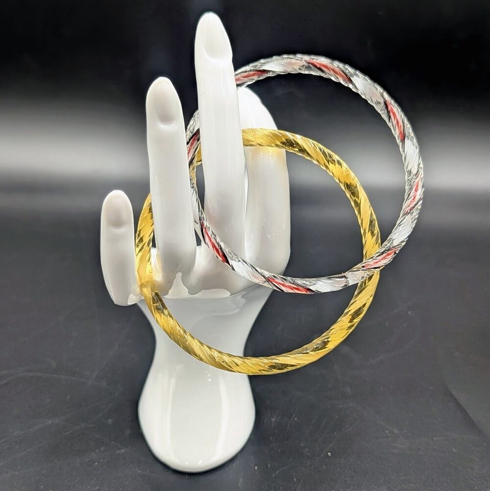 Vintage Twisted Glass Bangle Set Gold & Red Clear 3" Boho Stack Pair